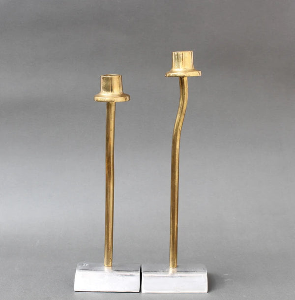 Pair of Brutalist Aluminium and Brass Candlesticks by David Marshall